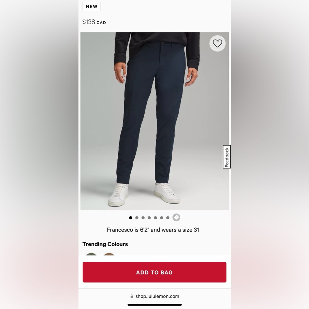 Lululemon men’s navy ABC slim trouser 33”